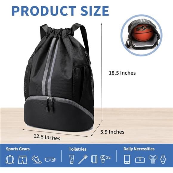 Drawstring Backpack Gym Bag with Shoes Compartment for Soccer, Basketball, main image 8